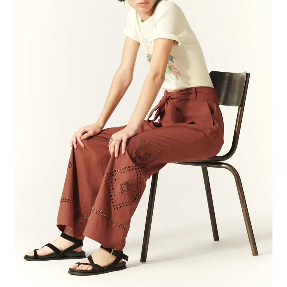 Ba&Sh Marlon Pant Brown Wide Leg Organic Cotton Broderie Anglaise XS NWT